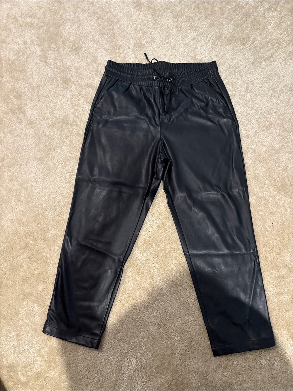 LOFT Black Faux Leather Joggers with Drawstring. Size L. NWT